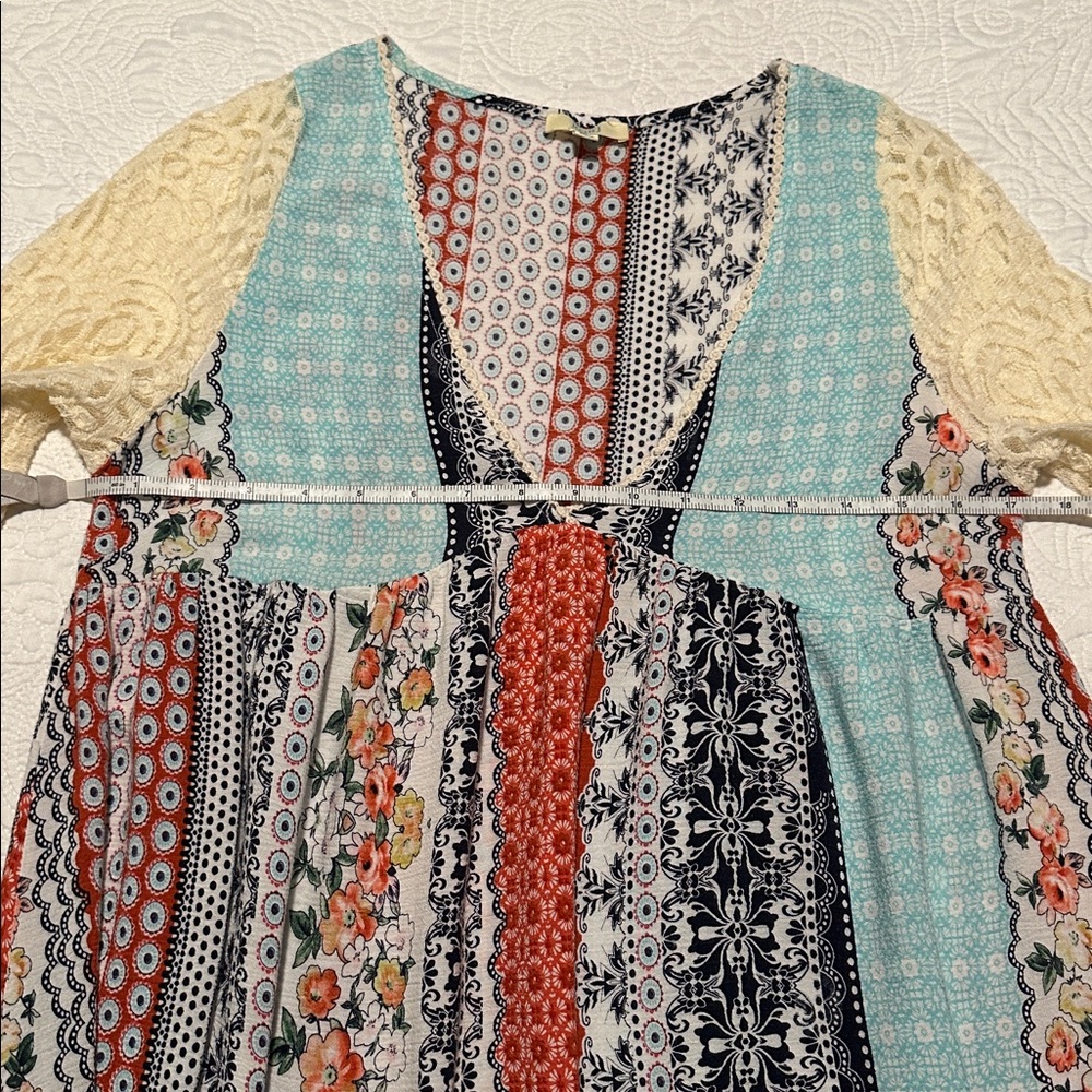 Kori America Multi-colored Mixed Media Print Swing Dress Lace Sleeves Sz S - Picture 6 of 6
